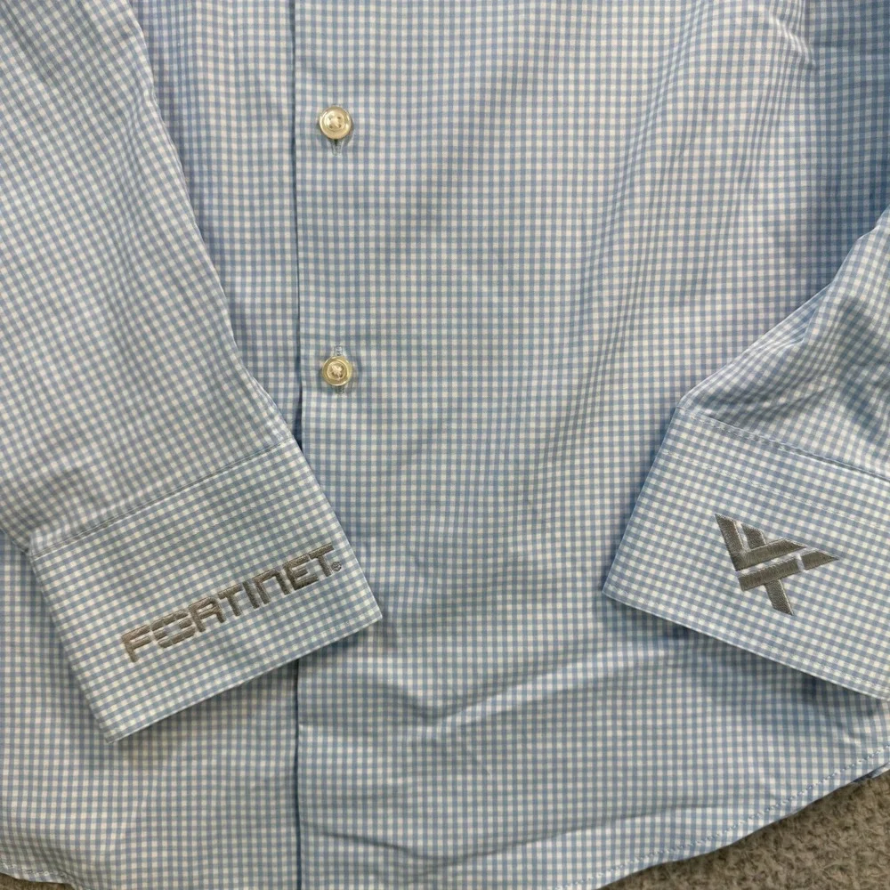 Peter Millar Summer Comfort Blue Gingham Fortinet Logo Shirt Mens Large L